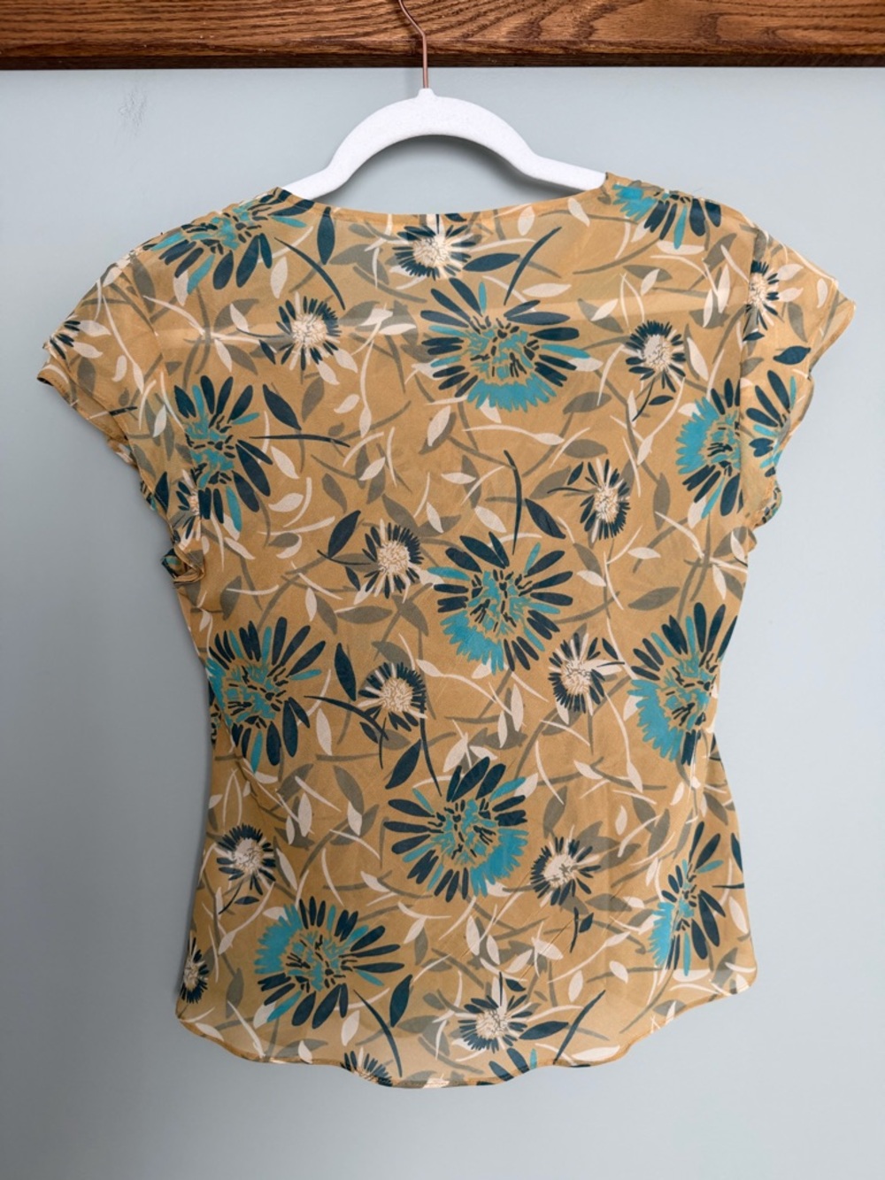 St. John Silk Teal Golden Yellow Floral Collarless Cap Sleeve Sheer Blouse Top - Picture 8 of 16